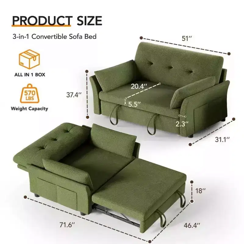 51 Inch 3-in-1 Pull-Out Sleeper Sofa Bed, Convertible Loveseat with Reclining Adjustable Backrest, Chenille Upholstered Couch, Side Pocket