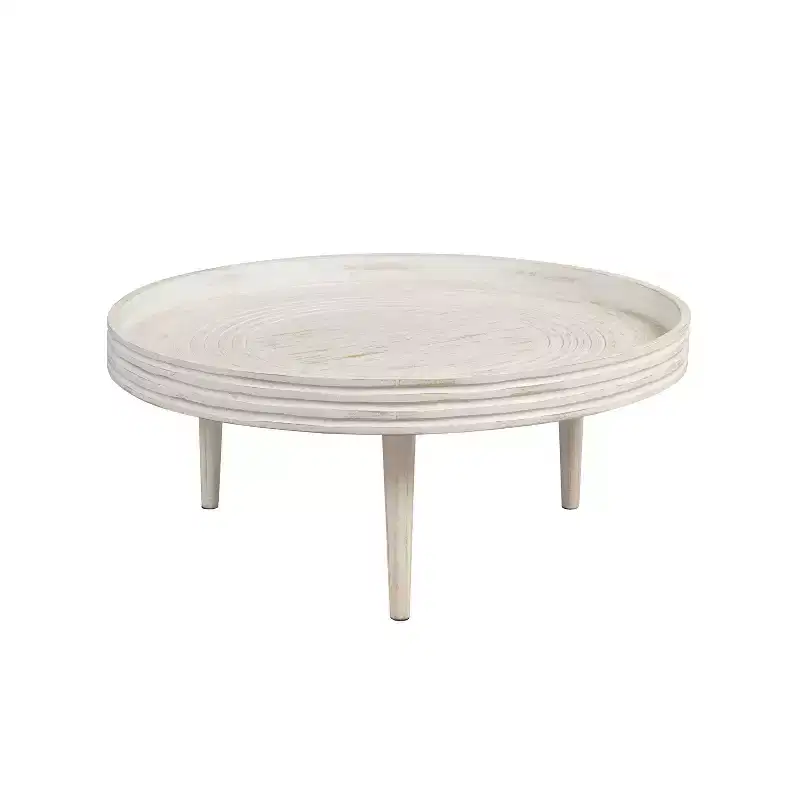 The Urban Port 33" Coffee Table Solid Mango Wood Handcrafted Round Grooved Raised Edge Distressed White