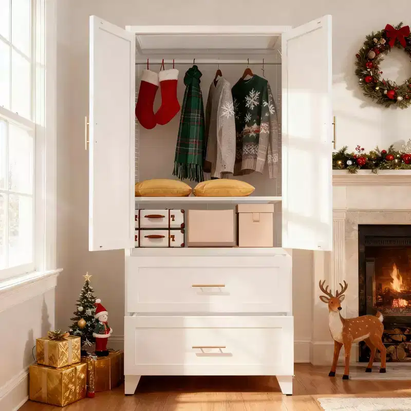 JVNOXK 71 inchTall Metal Wardrobe Cabinet with 2 Drawers and Hanging Rod, 2 Doors Wardrobe Closet with Shelf for Bedroom, White
