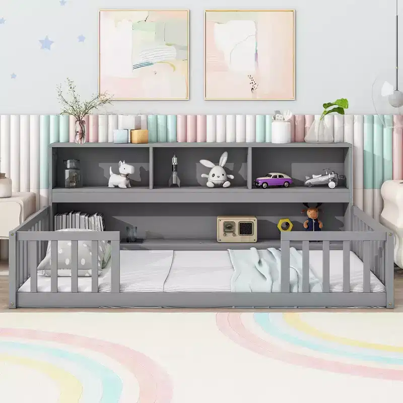 Twin Floor Bed with Bookcase, Shelves, Guardrails, Gray