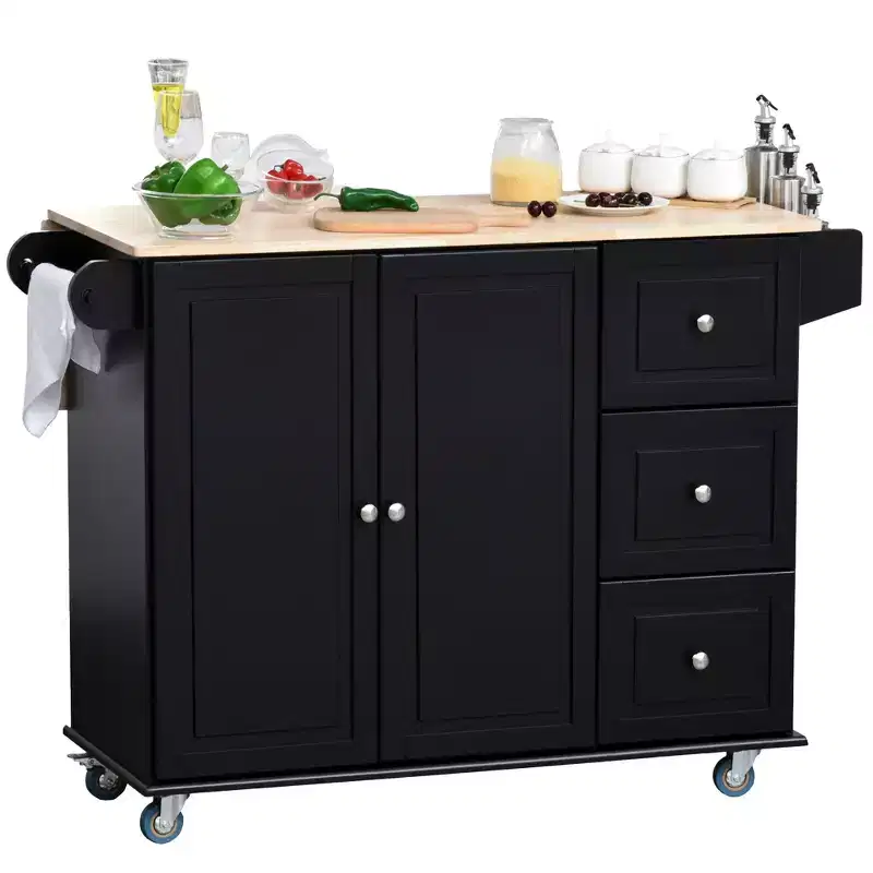 HOMCOM Mobile Kitchen Island Storage Trolley Cart on Wheels with Dropleaf Top, Towel/Spice Rack, 3 Drawers, 2-Door Cabinet