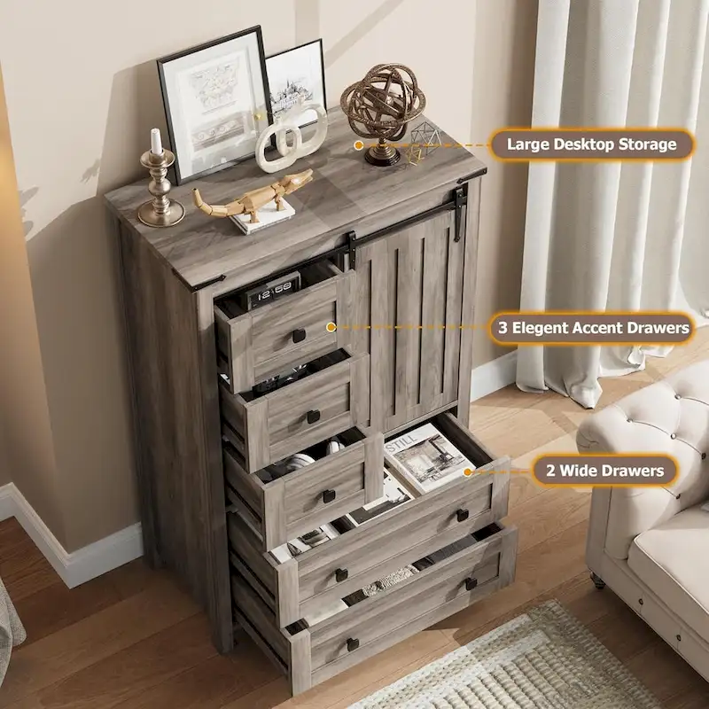 5 Drawer Dresser, Farmhouse Chest of Drawer with Sliding Barn Door