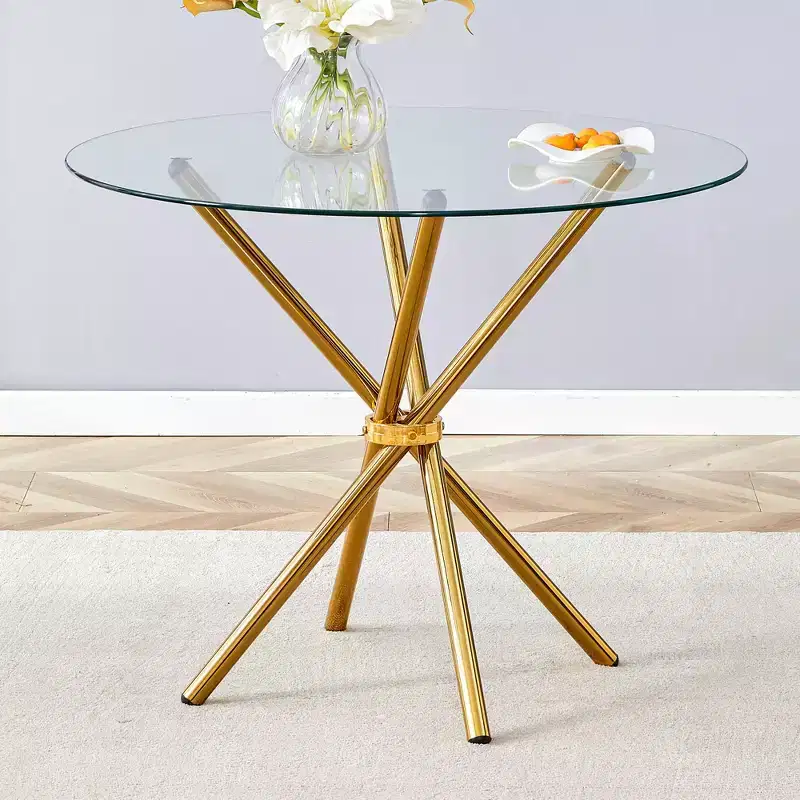 Okak Round Dining Table Modern Tempered Glass Table for 4 People with Cross Metal Base for Dining Room, Living Room, Office, Kitchen