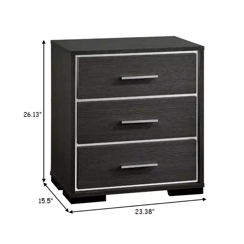 Royal Hampton Style Three Drawers Wooden Nightstand with Bar Handles, Dark Gray