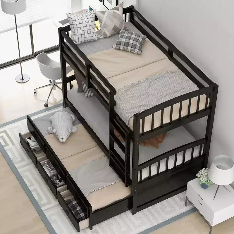 Twin over Twin Wood Bunk Bed with Ladder, Trundle & 3 Drawers – 400 lbs