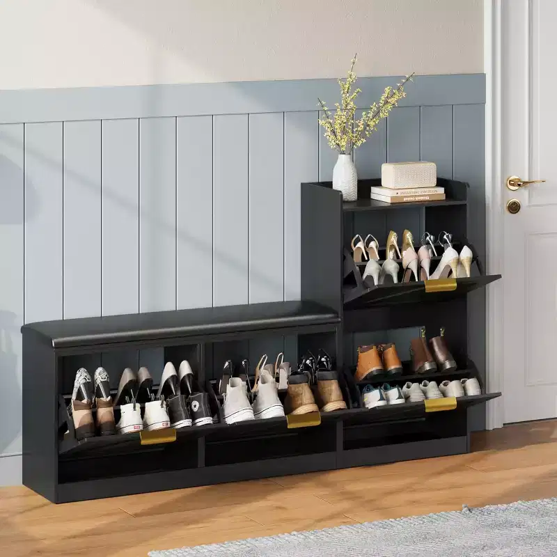 Shoe Cabinet with Bench, 4 Flip Drawers Entryway Shoe Storage Organizer with Comfort Cushioned Seat, Freestanding Shoe Rack Bench for Foyer Hallway