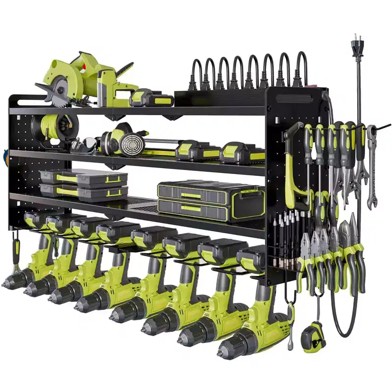 4-Tier Wall-Mount Power Tool Organizer, 8 Drill Holders, Steel, Adjustable Shelf, Pegboard, 6.56ft Cord, Red/Black/Yellow