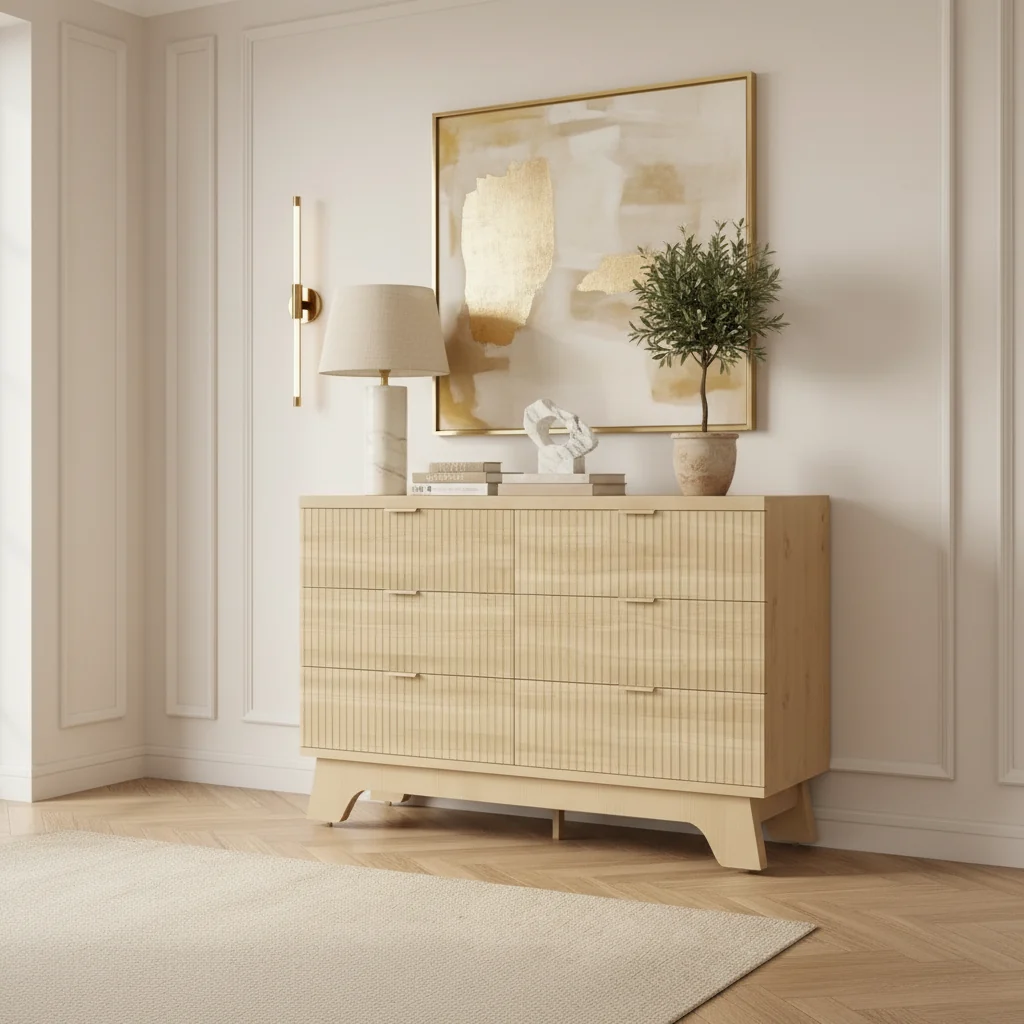 6 Drawer Dresser, 47 Wide Mid Century Modern Dresser with Gold Handle, Fluted Dressers Chest of Drawers, TV Stand,Storage Organizer for Living Room