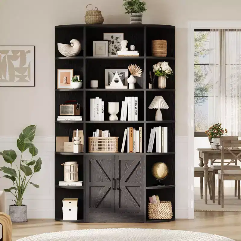 6-Tier Bookshelf with Storage Cabinet and Open Shelves, 75 Tall Modern Farmhouse Standing Bookcase, 47 Wide Display Shelf Organizer