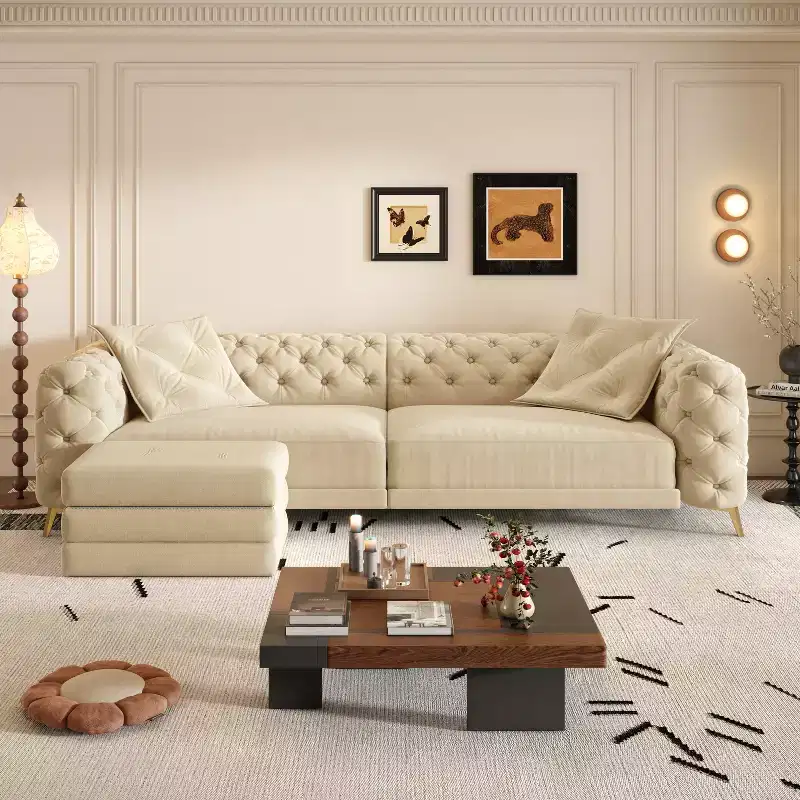 Whisen 97.7 3-in-1 Convertible Sofa Bed, 28.4 Deep Seat with Button Tufted Design, 4-Seater with Ottoman