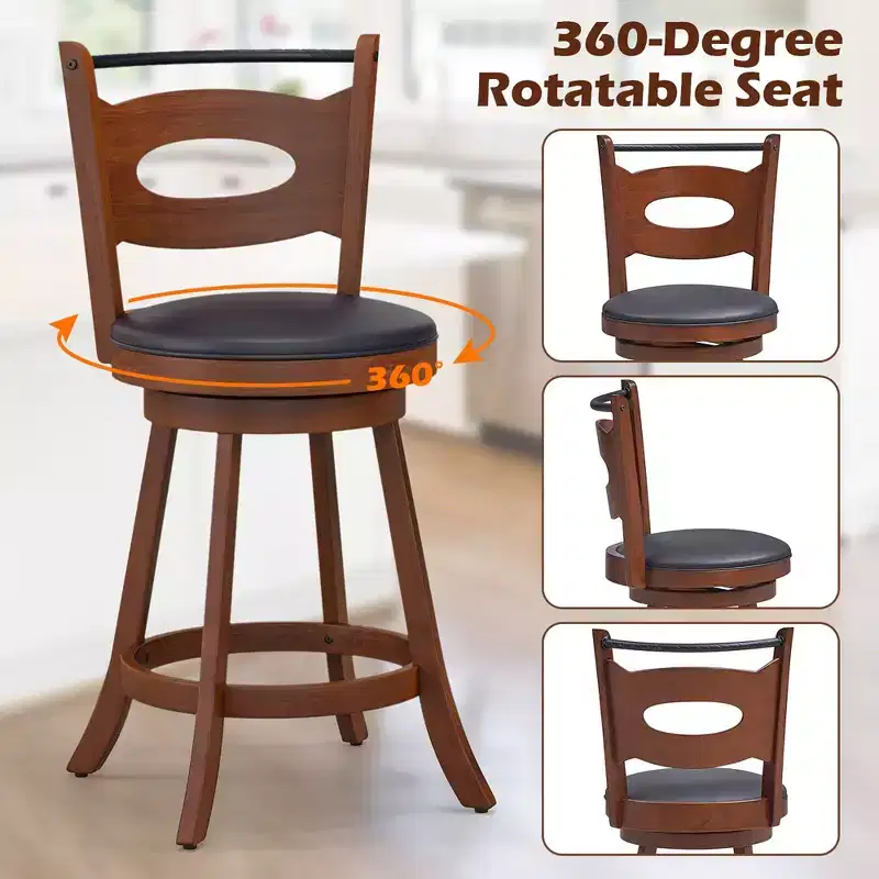 Costway Set of 2 Bar Stools 360 Swivel Dining Chairs Solid Rubber Wood Leather Padded Seat Counter Height