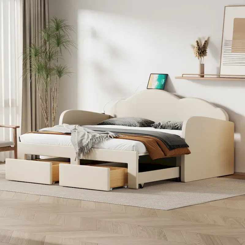 Twin Size Upholstered Daybed with Cloud-Shaped Backrest, Pop-Up Trundle, 2 Storage Drawers and USB Ports, Beige