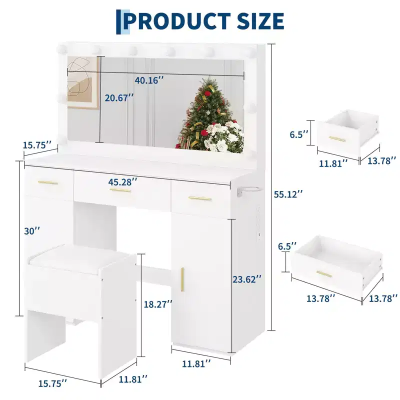 Makeup Vanity Desk with Mirror, Modern White Vanity Table with Drawers, Storage Stool, Wood Make Up Vanity Set for Bedroom Apartment