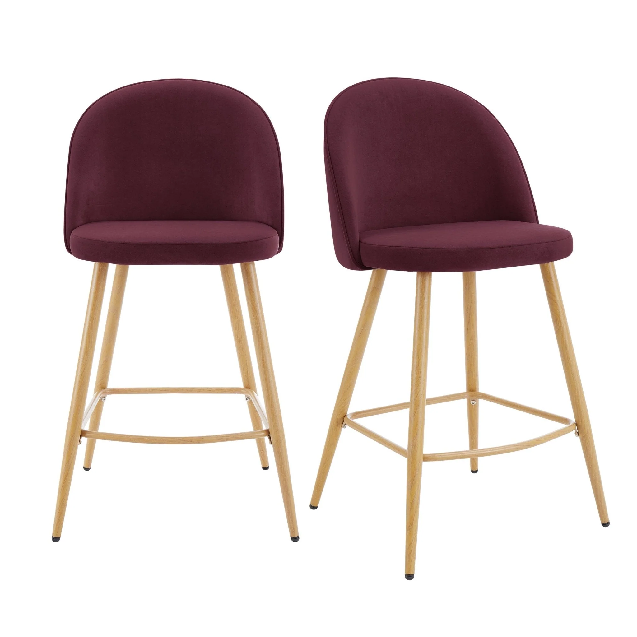 Contemporary Berry Velvet Barstool with Natural Wood Legs for Kitchen