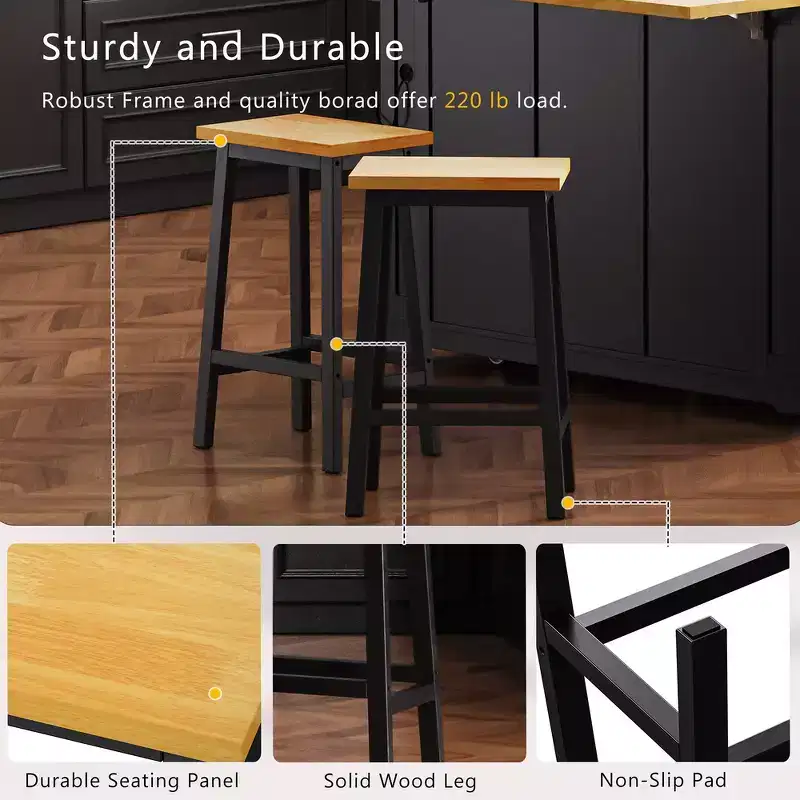 Whisen Solid Wood Bar Stools, 25.6 Set of 2, Farmhouse Counter Stools with Footrests