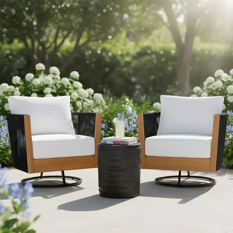Christopher Knight Home Ananda Modern 3 Piece Acacia Patio Swivel Chairs with Rope Design and Table Set