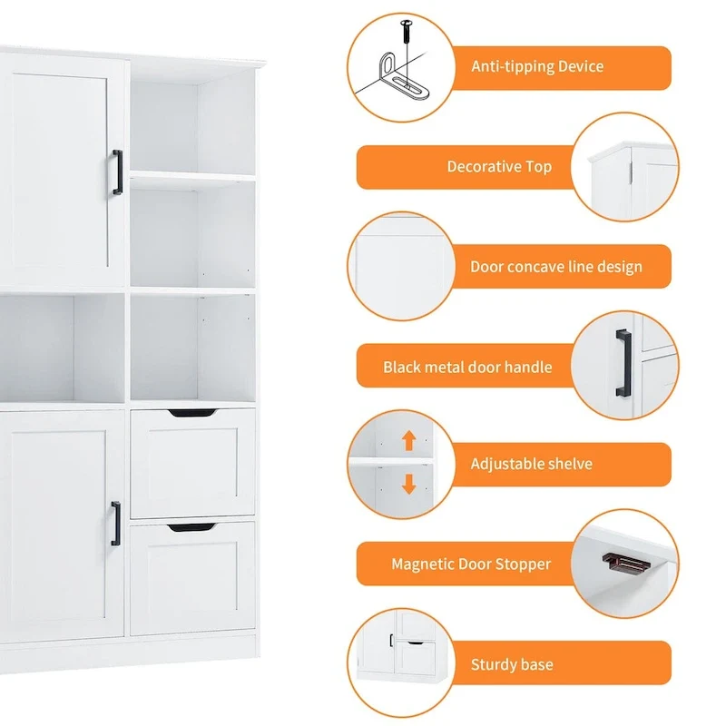 31 in. W x 16 in. D x 62 in. H White Linen Cabinet with Open Shelves and Drawers