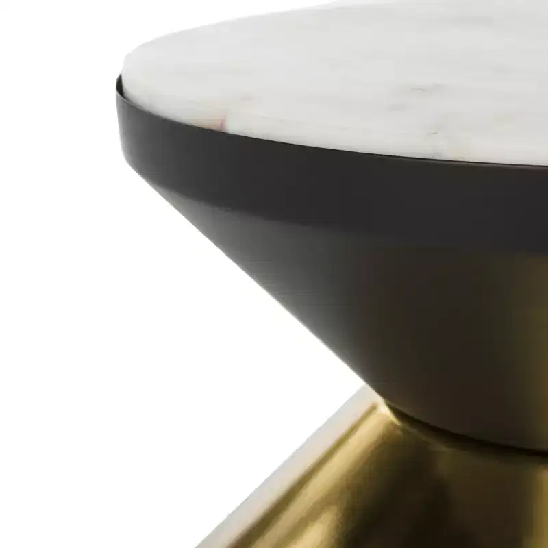Round Stone Top Side Table with Black & Gold Hourglass Base, Modern Sculpture Accent