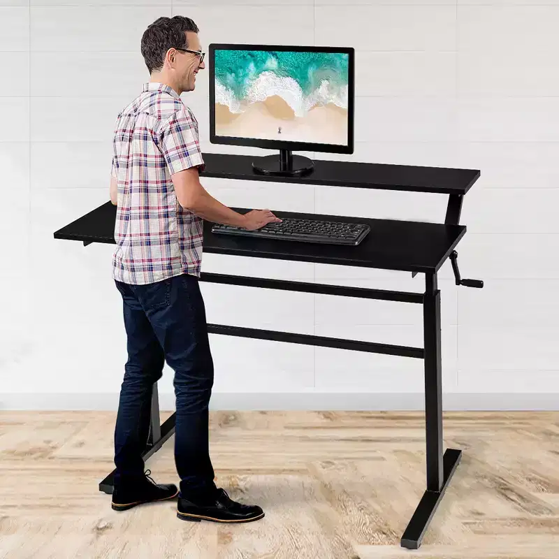 Costway Standing Desk Crank Adjustable Sit to Stand Workstation with Monitor Shelf Brown\Black