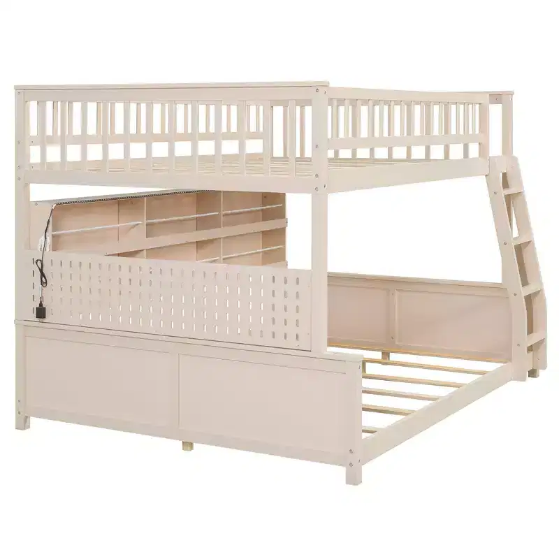 Full Xl Over Queen Low Bunk Bed With Built In Lighted Shelves And Pegboard
