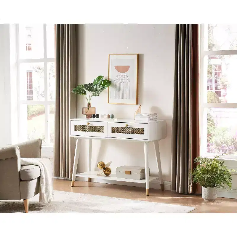Sleek Modern Entryway Console Table with Drawers & Metal Shelf