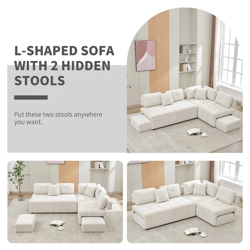 91.73 L-Shaped 4-Seat Sectional Sofa with 2 Hidden Stools, 2 Removable Lumbar Cushions, and Durable Chenille Fabric