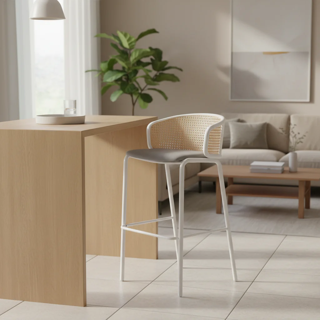 Wicker Bar Stool with Fabric Seat and White Steel Frame, Indoor Kitchen, Home Bar, Counter, Island, Modern Dining Room Seating
