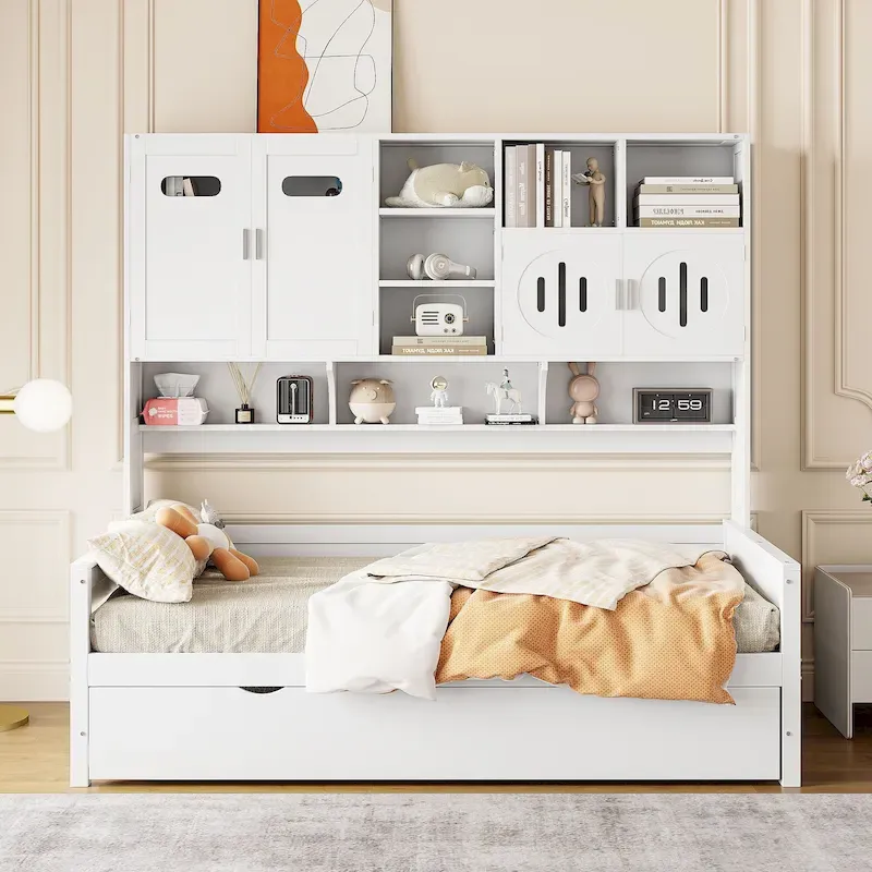 Twin Size Wooden Daybed with Trundle, Storage Cabinet & Shelves, White