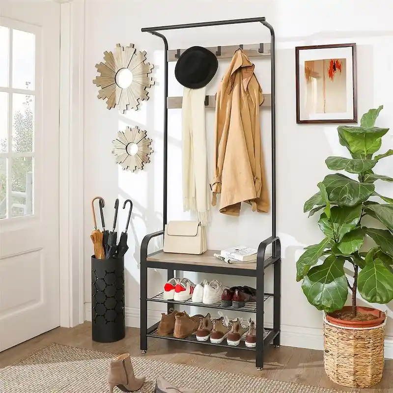Grey-Black Hall Tree Entryway Storage Shelf with Wood Look Accent and Metal Frame - 13.3D x 28.3W x 72.1H