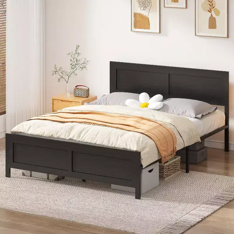 Dyonery Full/Queen Size Bed Frame, Metal Platform Bed Frame with Wooden Headboard with Rivet, Heavy Duty Iron Slats Support, Large Under-Bed Storage.