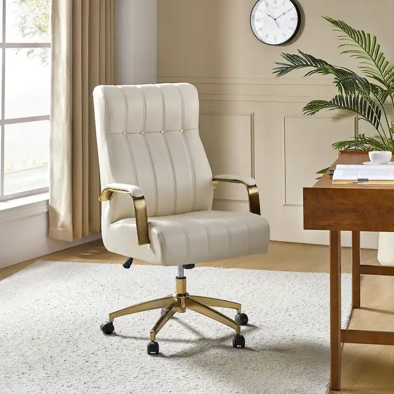 Mid-Century Modern Vegan Leather Swivel Tilting Office Chair with Channel Tufted and Metal Feet