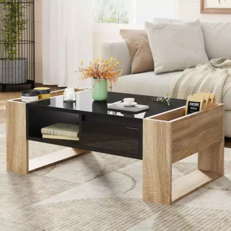 Rectangle Cocktail Table with Open Storage Shelf for Living Room, Bedroom, Black, 41.3*23.6