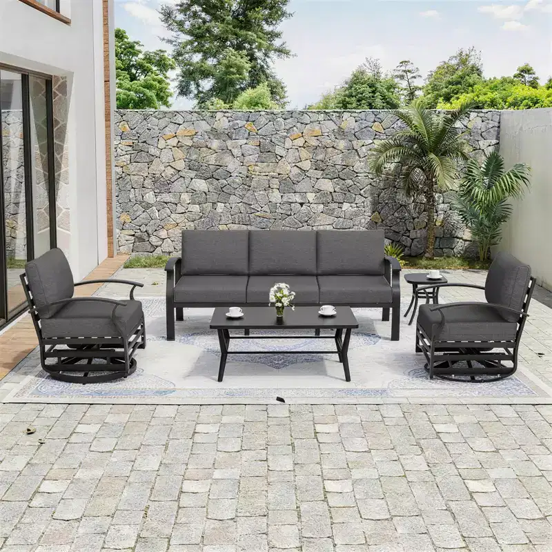 ALAULM 5-Seat Aluminum Patio Furniture Sofa Set, Outdoor Furniture Set w/5Swivel Rocking Chair&Metal Coffee Table