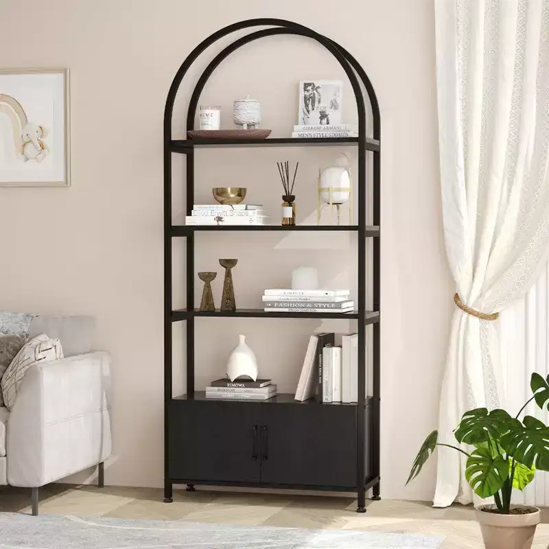 Arched Bookshelf, Bookcase with Doors Storage, 71.5 Inches Tall Industrial Book Shelf with Sturdy Metal Frame and Quality Boards