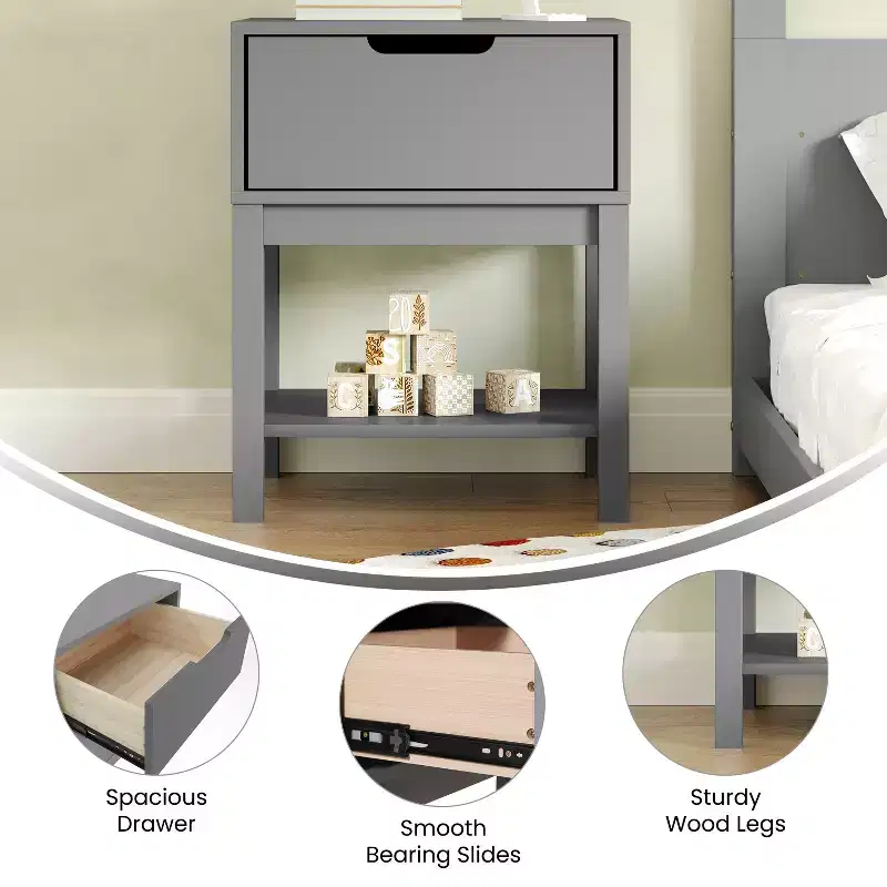 Wood Kids Nightstand with Single Drawer & Open Shelf