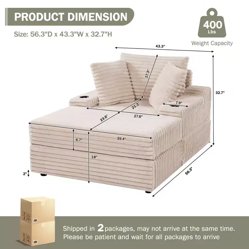 Chaise Lounge Chair Indoor with Storage Ottoman, Upholstered Corduroy Sofa Bed Cloud Couch with 3 Pillows for Living Room, Bedroom (Beige)