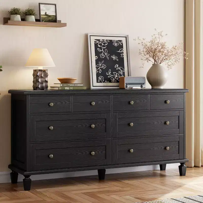 Vintage 8-Drawer Dresser,59 Long TV Stand for Bedroom with Carved Handles, Tapered Wooden Legs, Large Storage Capacity Wooden Chest of Drawers