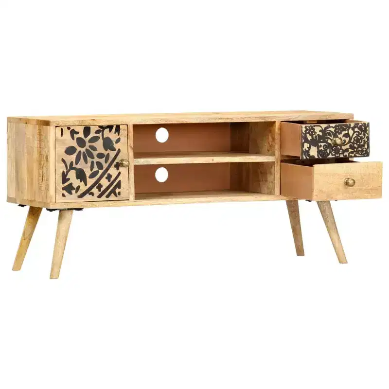 TV Stand Natural Mango Wood with Black Accents