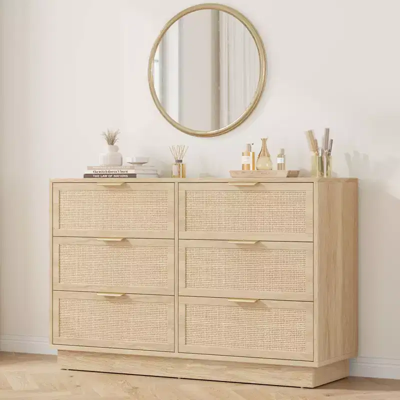 Rattan 6 Drawer Dresser, 47in Wide Natural Oak 6 Chest of Drawers with Metal Handles and Wooden Sturdy Base for Bedroom Living Room Nursery