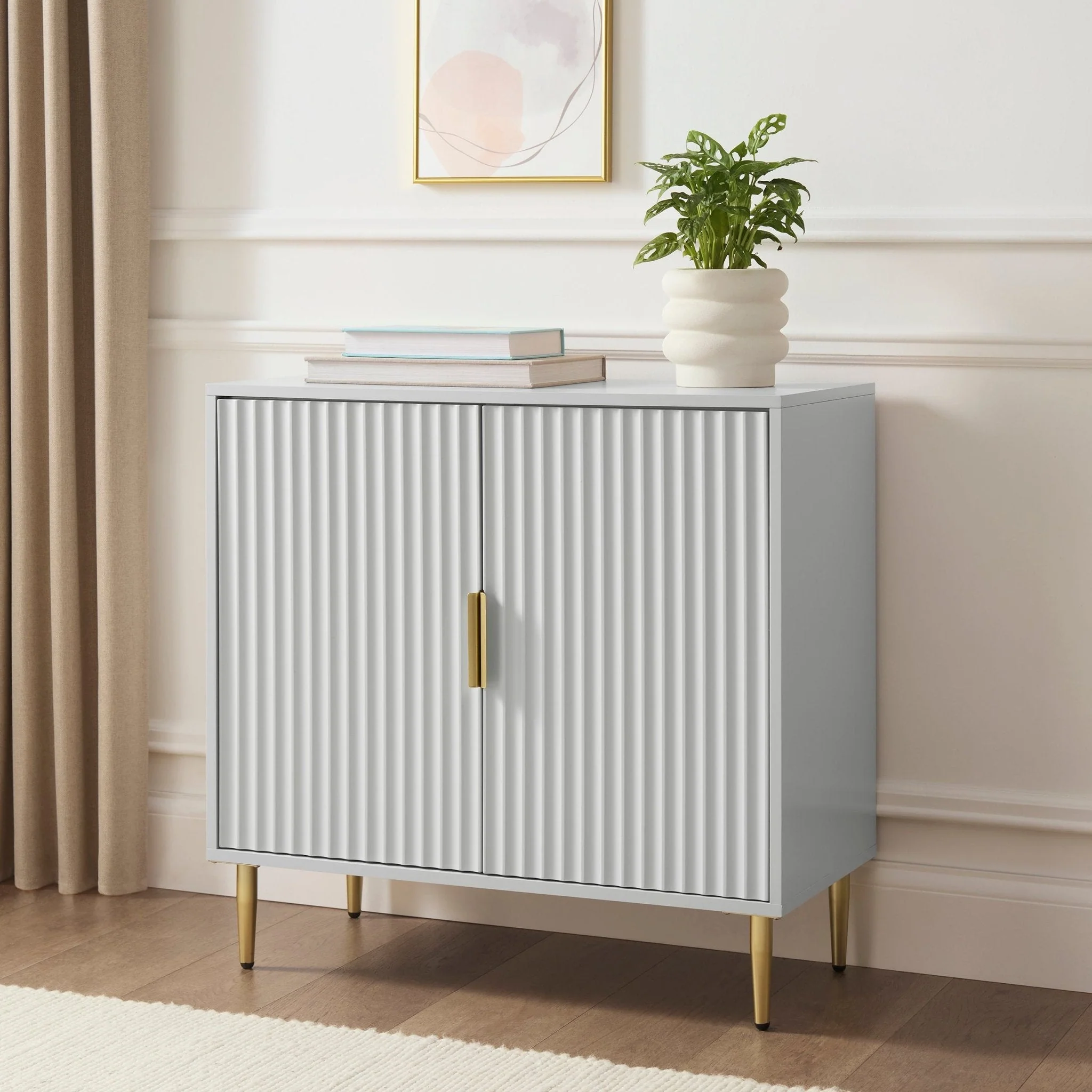 Contemporary Grey Painted Compact Sideboard with Gold Accents for Living Room