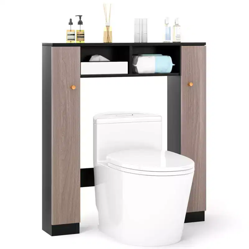 Over The Toilet Storage Cabinet with Double Doors, 4 Adjustable Shelves, Natural/White