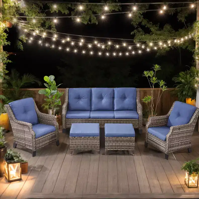 Bestier Patio Furniture Set, Wicker Rattan Sofa Chairs with Thick Cushion and 2 Ottoman, Outdoor Conversation Set for Backyard, Blue