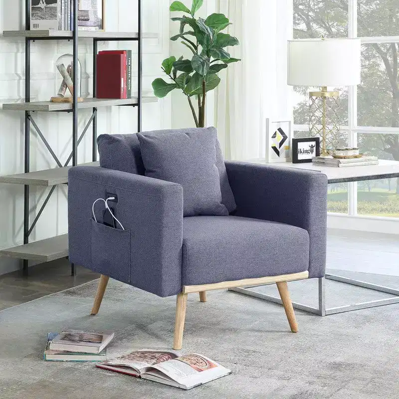 Accent Chair, Gray Linen Fabric Armchair with Throw Pillow, USB Charging Ports, Side Pockets, Solid Wood Legs, Single Sofa Chair for Living Room