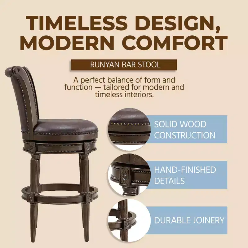 ROME + OAK Runyan 26 Swivel Counter Stool, Rotating High Back Barstool in Dark Walnut Finish with Vintage Brown Vegan Leather Seat