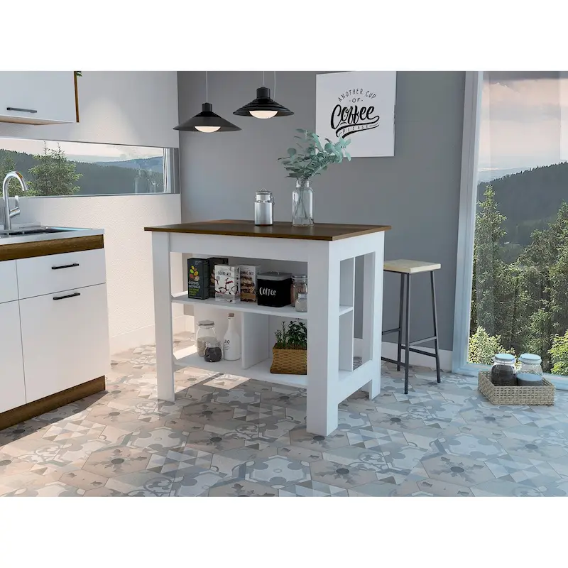 3-Shelf Kitchen Island White and Walnut