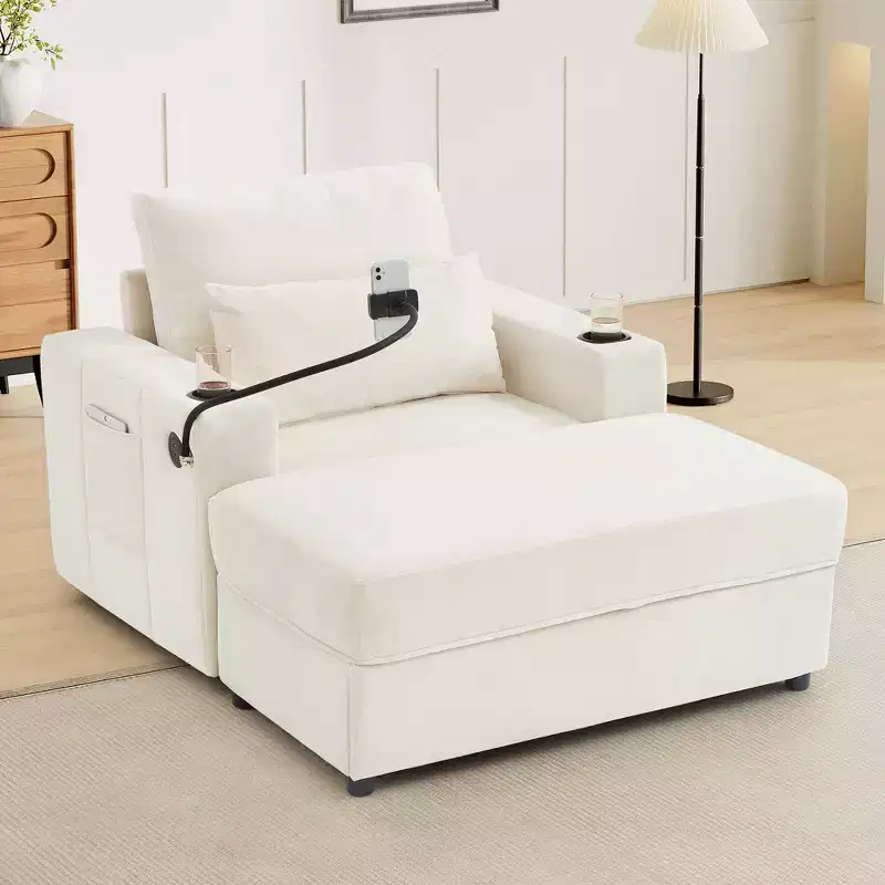 Chaise Lounge Sleeper Sofa Bed with Movable Storage Ottoman, Deep Seat
