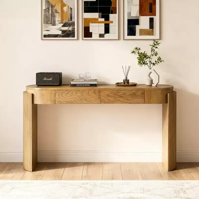 Luxystar Console Table with Natural Wood Grain Finish, Oval Top and 2 Drawers for Entryway and Living Room, Pine Wood