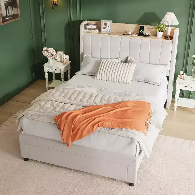 Twin Upholstered Bed Frame with Storage Headboard, Drawer & Charging Station, for Bedroom, No Box Spring Needed