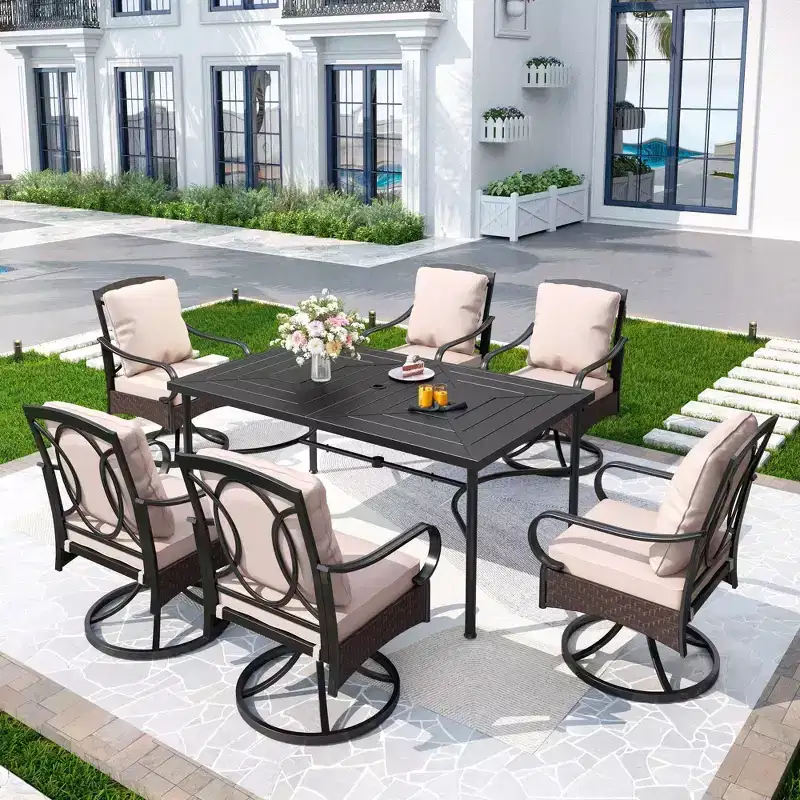7pc Outdoor Dining Set with Swivel Chairs & Large Metal Rectangle Table with Umbrella Hole - Captiva Designs: E-Coated, Weather-Resistant