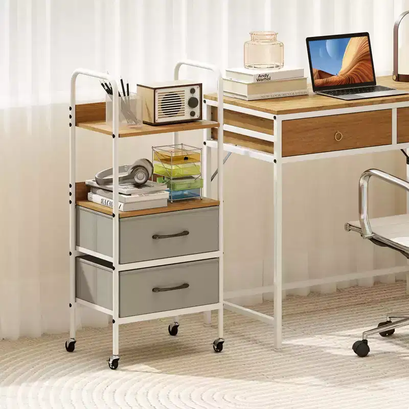 Rolling Utility Storage Cart with 2 Open Shelves and 2 Fabric Drawers for Bedroom